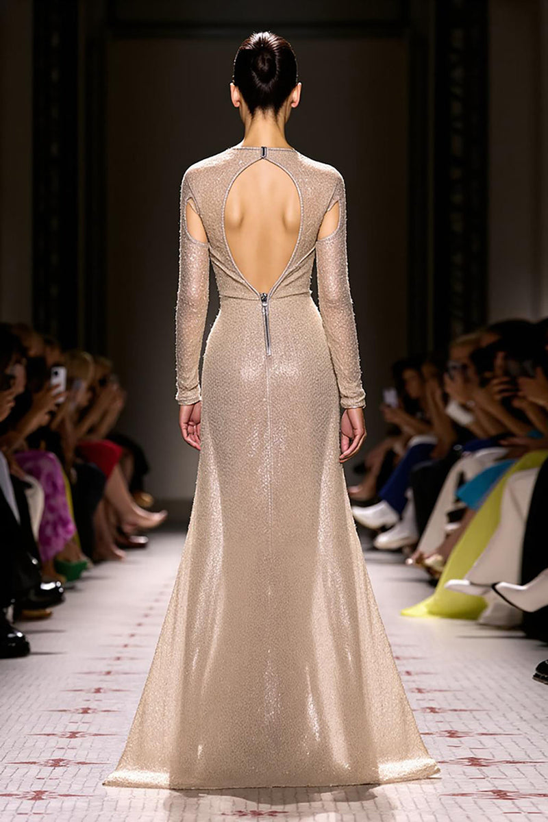 Load image into Gallery viewer, Sparkly Champagne Long Sleeves Mermaid Evening Dress with Zippers