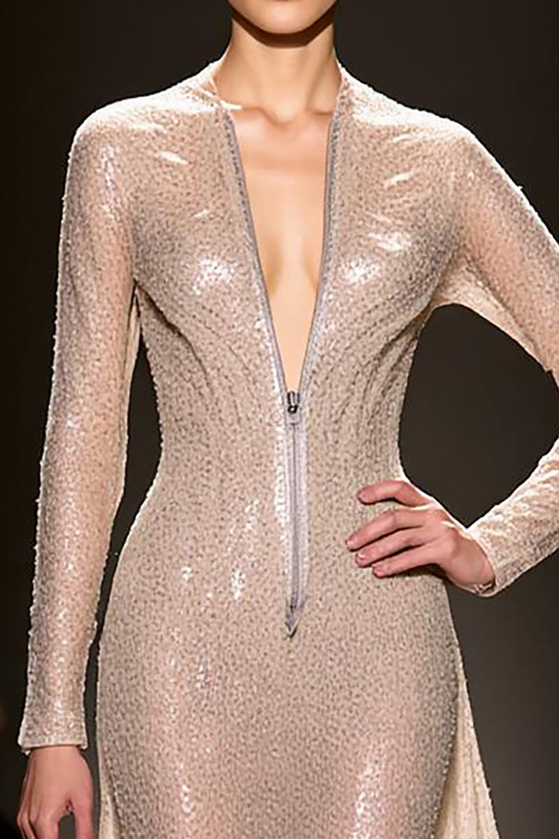 Load image into Gallery viewer, Sparkly Champagne Long Sleeves Mermaid Evening Dress with Zippers