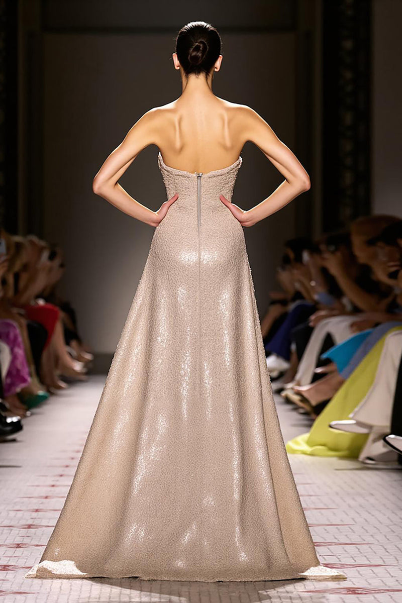 Load image into Gallery viewer, Sparkly Champagne Strapless Sheath Long Evening Dress
