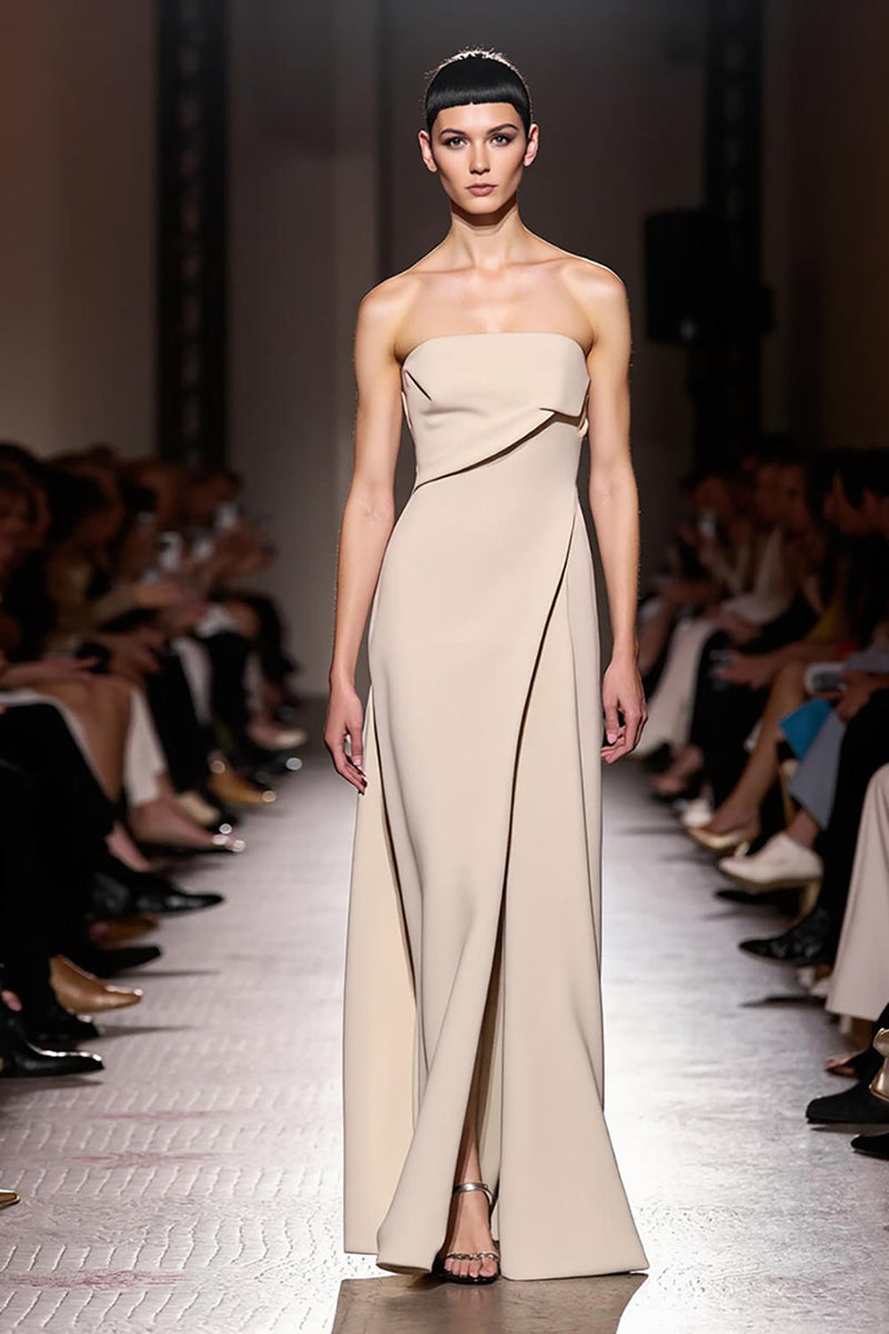 Load image into Gallery viewer, Simple Ivory Sheath Ruched Strapless Long Evening Dress with Slit