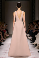Load image into Gallery viewer, Simple Champagne Deep V-Neck Satin Sheath Long Evening Dress with Slit