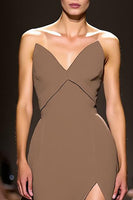 Load image into Gallery viewer, Simple Coffee Sheath Satin Strapless Long Evening Dress with Slit