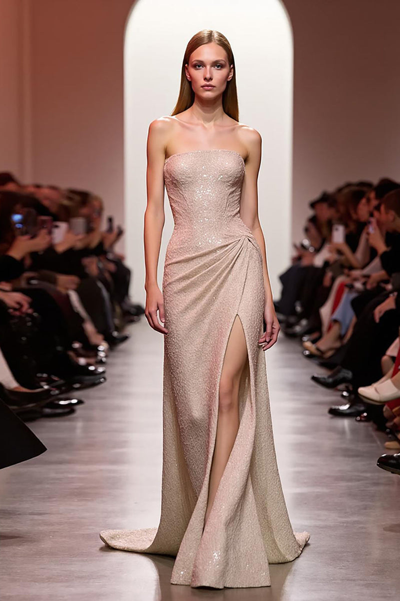 Load image into Gallery viewer, Sparkly Champagne Sequin Strapless Long Evening Dress with Slit