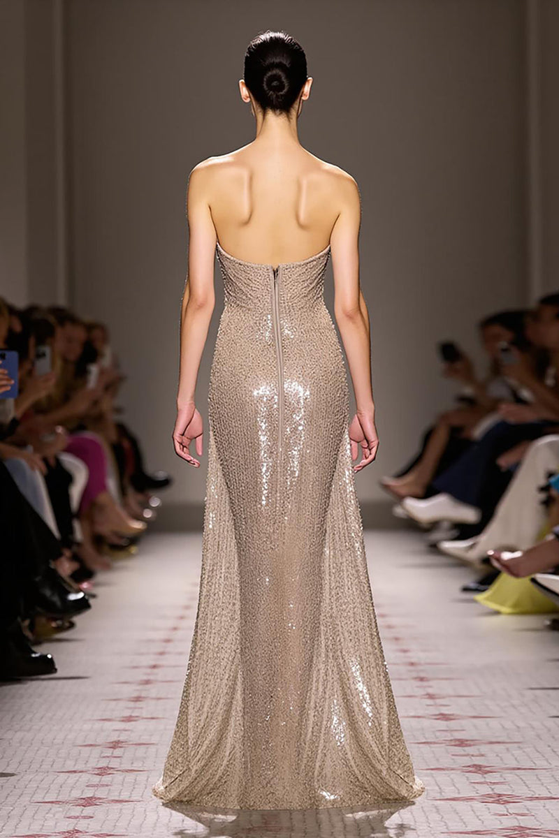Load image into Gallery viewer, Sparkly Champagne Backless Strapless Long Sequin Evening Dress