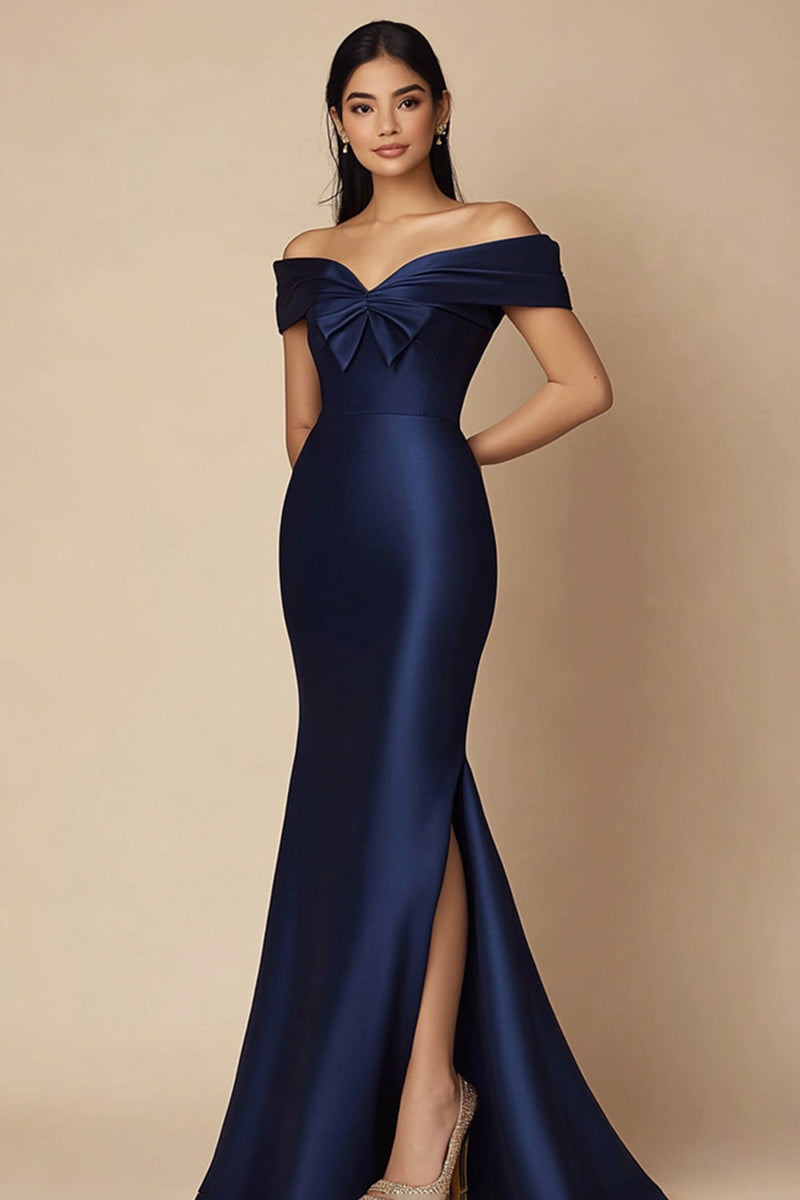 Load image into Gallery viewer, Navy Mermaid Maxi Satin Evening Dress with Slit