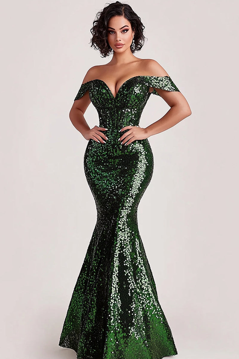 Load image into Gallery viewer, Sparkly Dark Green Mermaid Sequins Maxi Evening Dress