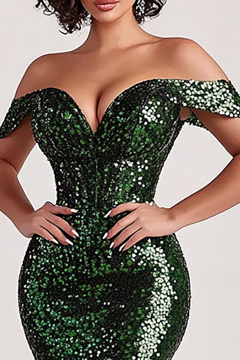 Load image into Gallery viewer, Sparkly Dark Green Mermaid Sequins Maxi Evening Dress