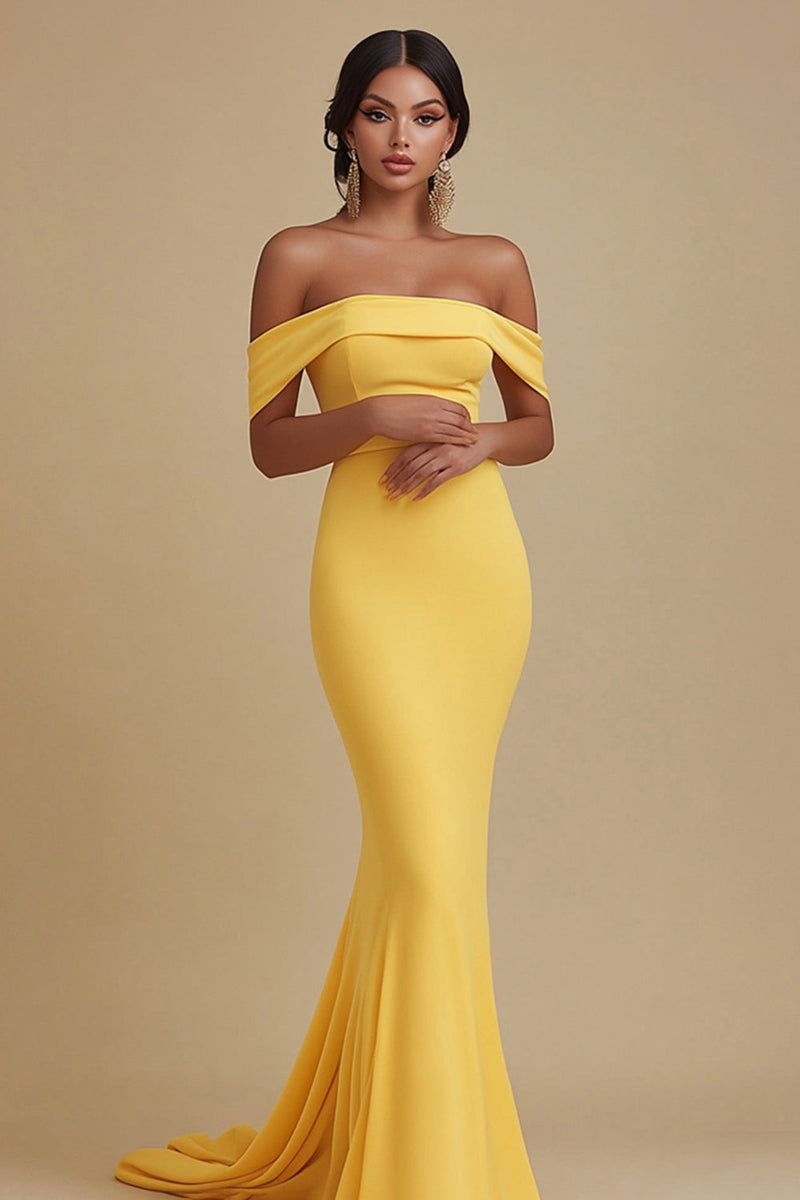 Load image into Gallery viewer, Yellow Mermaid Off the Shoulder Maxi Satin Evening Dress