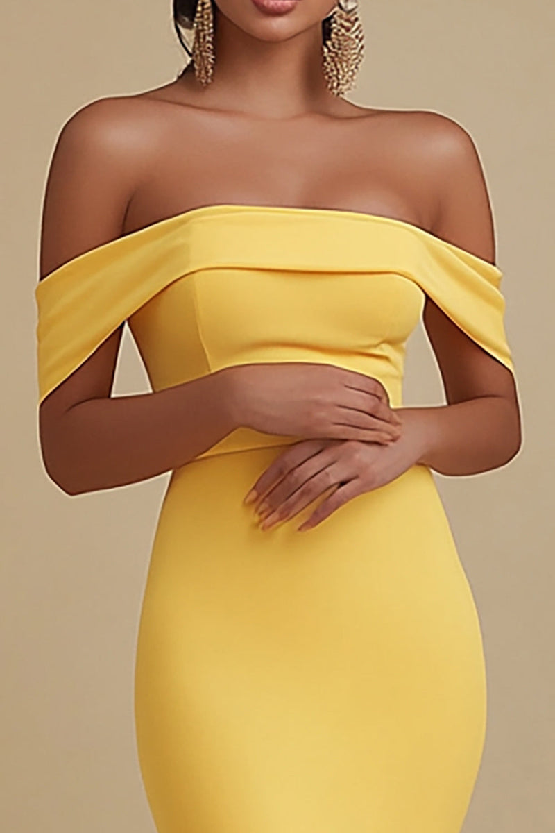 Load image into Gallery viewer, Yellow Mermaid Off the Shoulder Maxi Satin Evening Dress