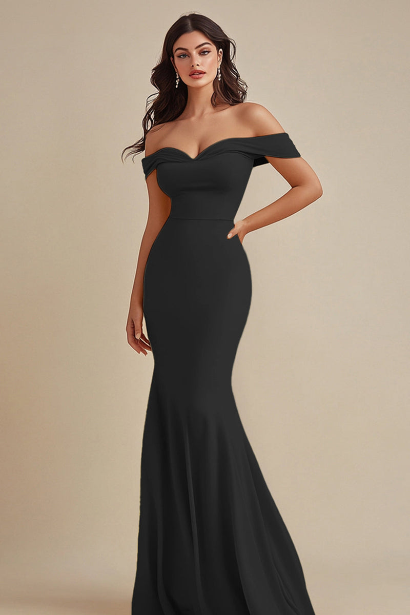 Load image into Gallery viewer, Queendancer Women Black Satin Maxi Evening Dress Off the Shoulder Mermaid Formal Dress