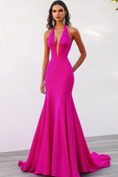 Load image into Gallery viewer, Fuchsia Halter Satin Maxi Mermaid Evening Dress