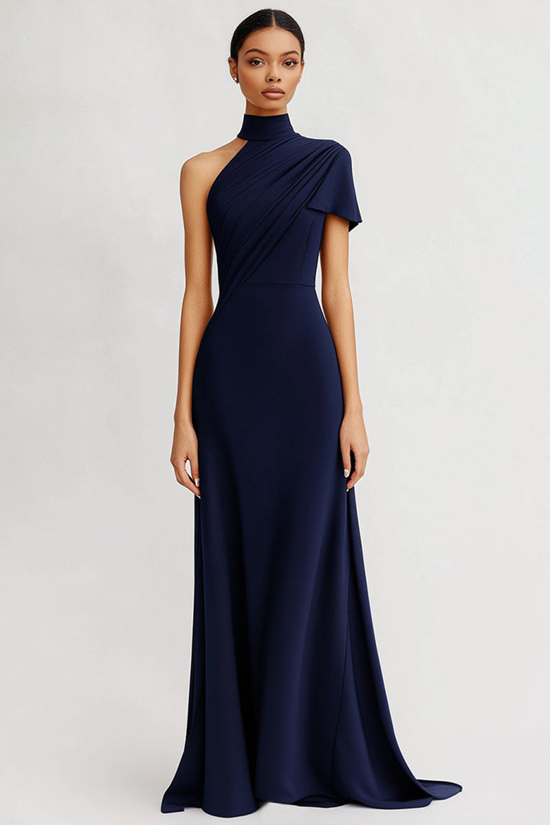 Queendancer Women Navy Satin Sheath Maxi Evening Dress Ruched One Shoulder  Formal Dress with Sleeves – queendanceruk
