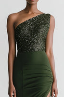 Load image into Gallery viewer, Sparkly Olive Satin Mermaid Maxi Evening Dress with Slit