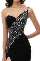 Load image into Gallery viewer, Sparkly Black One Shoulder Mermaid Satin Maxi Evening Dress with Slit