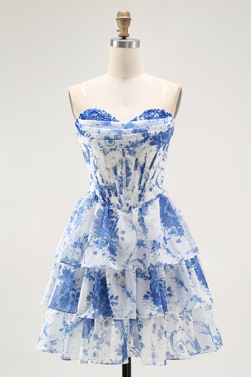 Load image into Gallery viewer, White Blue Floral A Line Short Corset Prom Dress with Ruffles