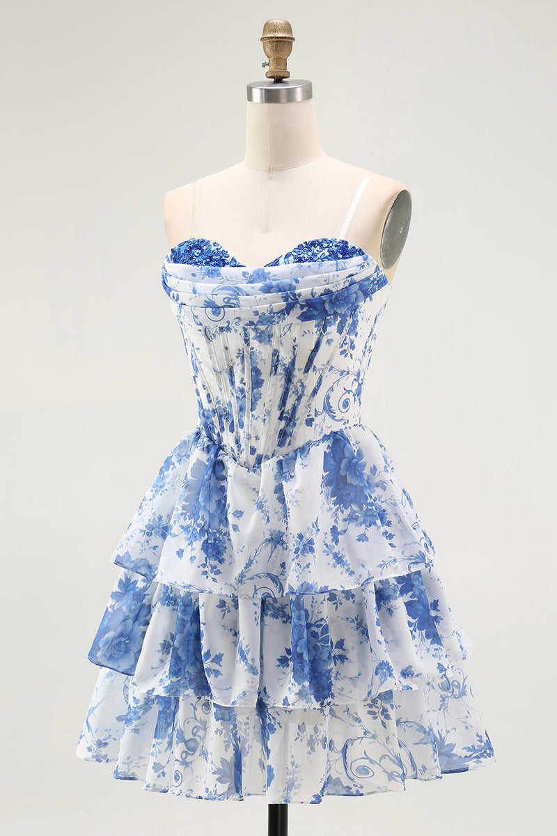Load image into Gallery viewer, White Blue Floral A Line Short Corset Prom Dress with Ruffles