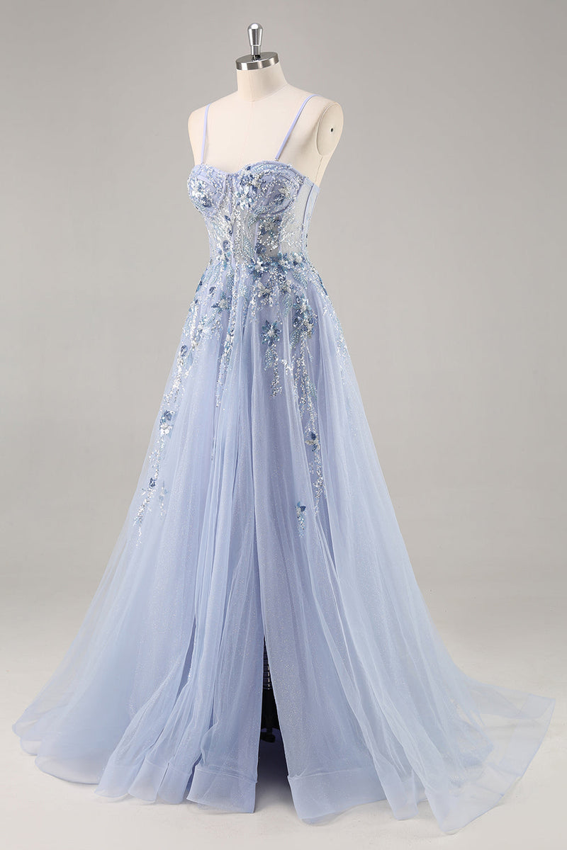 Load image into Gallery viewer, Sparkly Grey Blue Corset Sweetheart Long Prom Dress with Appliques