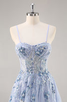 Load image into Gallery viewer, Sparkly Grey Blue Corset Sweetheart Long Prom Dress with Appliques