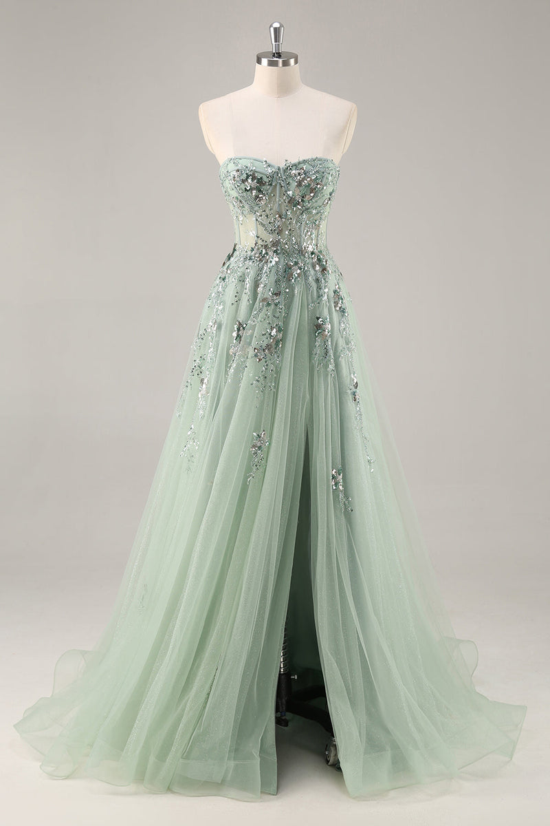 Load image into Gallery viewer, Sparkly Grey Pink Corset Sweetheart Long Prom Dress with Appliques
