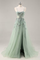 Load image into Gallery viewer, Sparkly Green Corset Sweetheart Long Prom Dress with Appliques