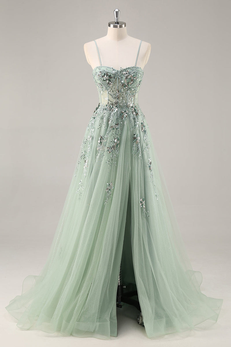 Load image into Gallery viewer, Sparkly Grey Pink Corset Sweetheart Long Prom Dress with Appliques