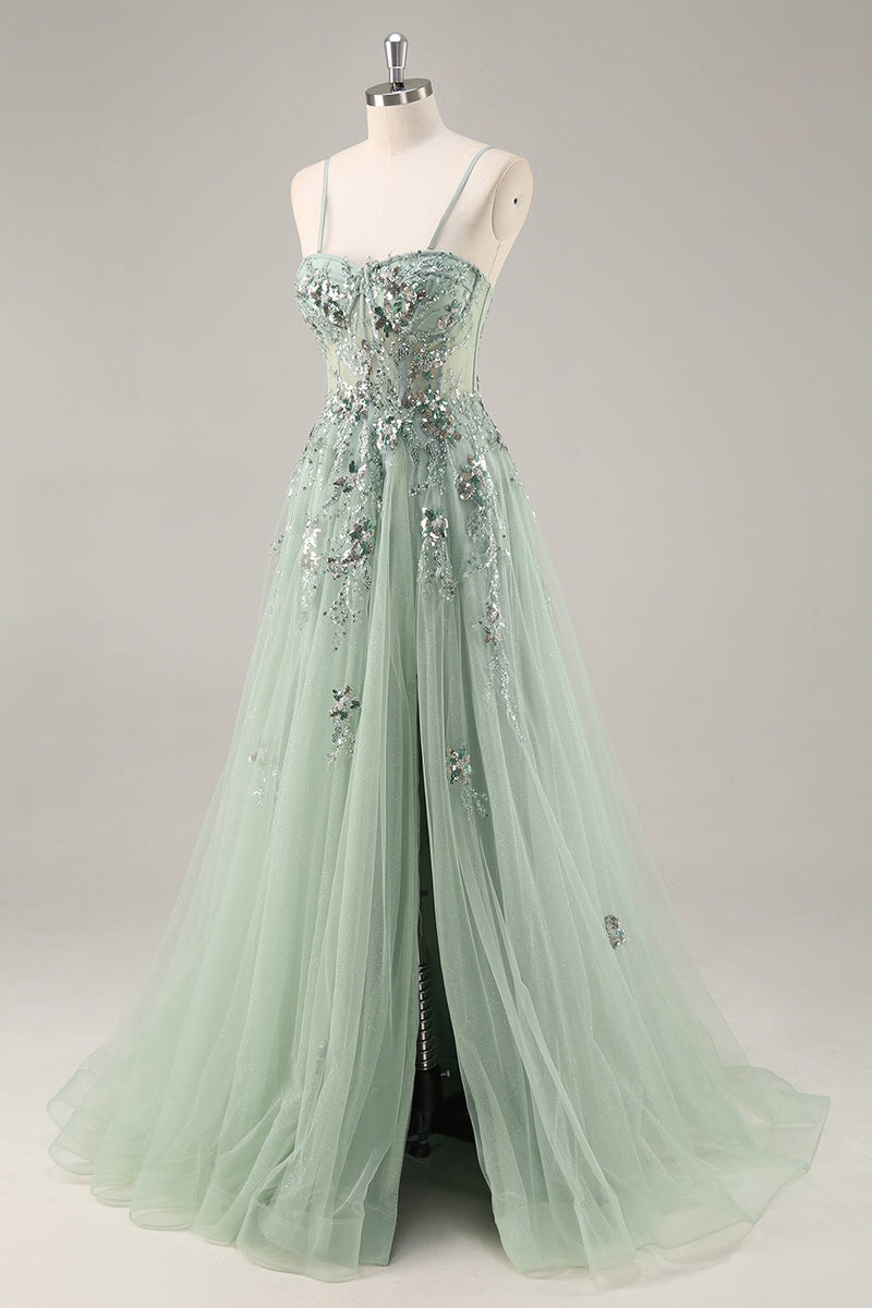 Load image into Gallery viewer, Sparkly Green Corset Sweetheart Long Prom Dress with Appliques