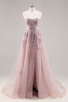 Load image into Gallery viewer, Women Sparkly Grey Pink Corset Long Prom Dress with Appliques Tulle Sweetheart A Line Lace Up Back Formal Dress with Slit