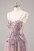 Load image into Gallery viewer, Sparkly Grey Blue Corset Sweetheart Long Prom Dress with Appliques