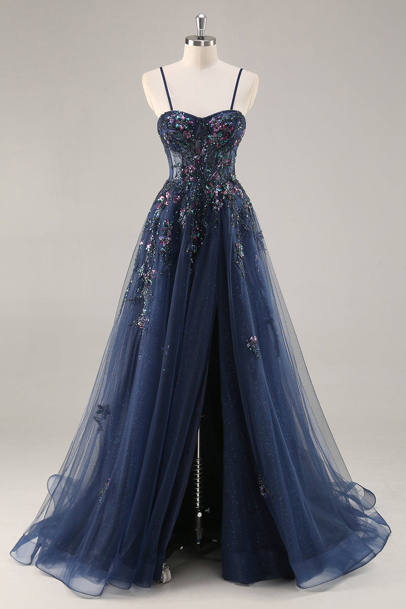 Load image into Gallery viewer, Sparkly Grey Blue Corset Sweetheart Long Prom Dress with Appliques