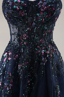 Load image into Gallery viewer, Sparkly Navy Corset Sweetheart Long Prom Dress with Appliques