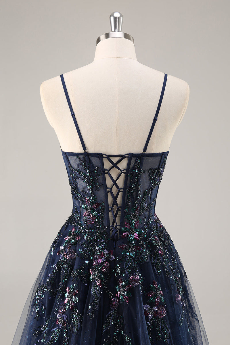 Load image into Gallery viewer, Sparkly Navy Corset Sweetheart Long Prom Dress with Appliques