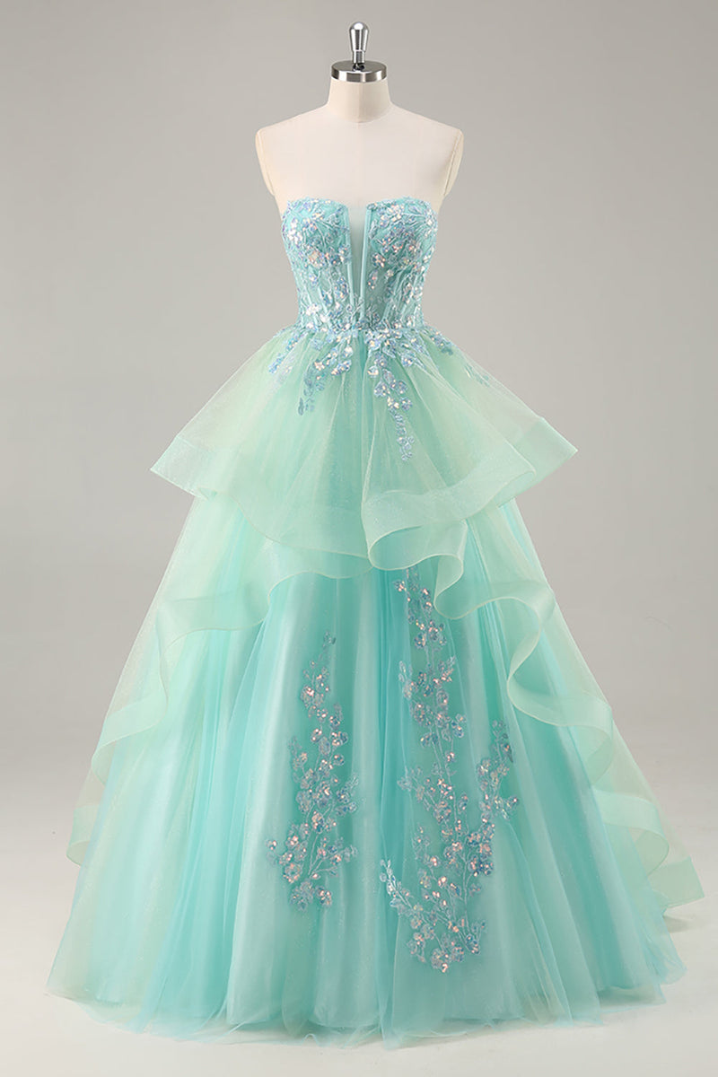 Load image into Gallery viewer, Sparkly Green Corset Strapless Long Prom Dress with Ruffles