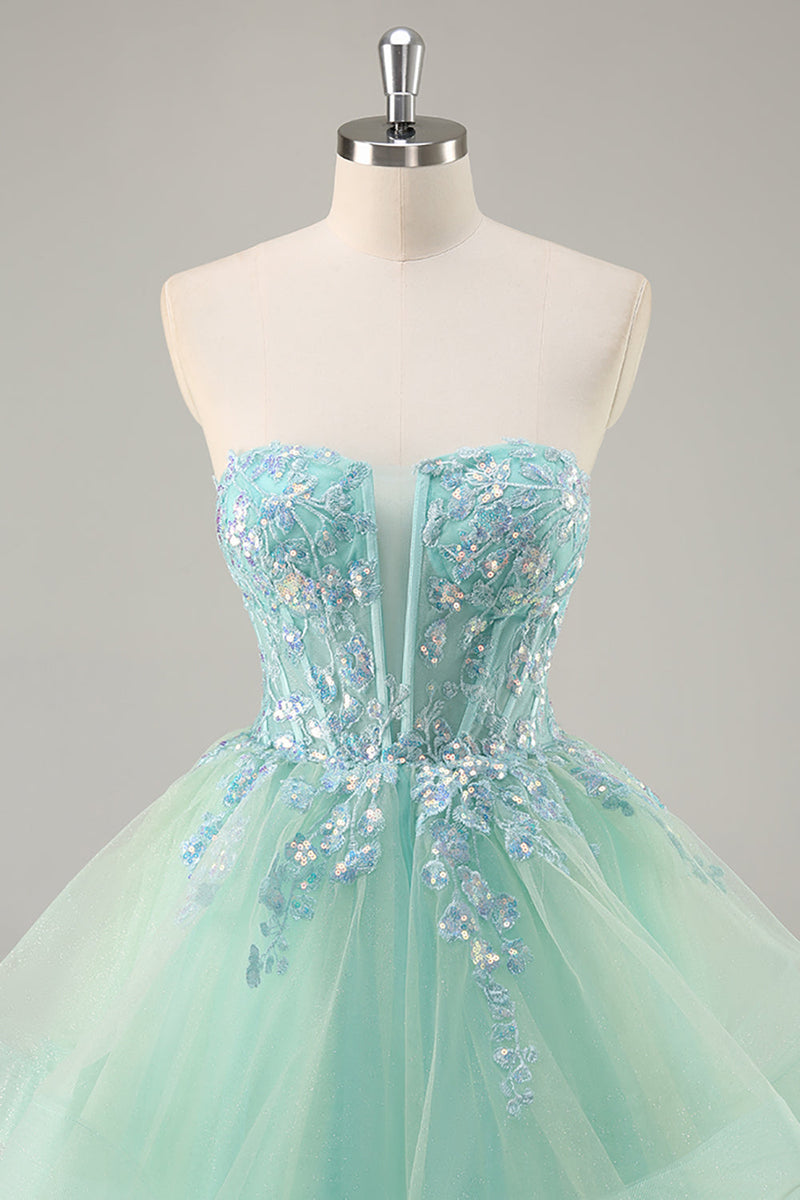Load image into Gallery viewer, Sparkly Green Corset Strapless Long Prom Dress with Ruffles