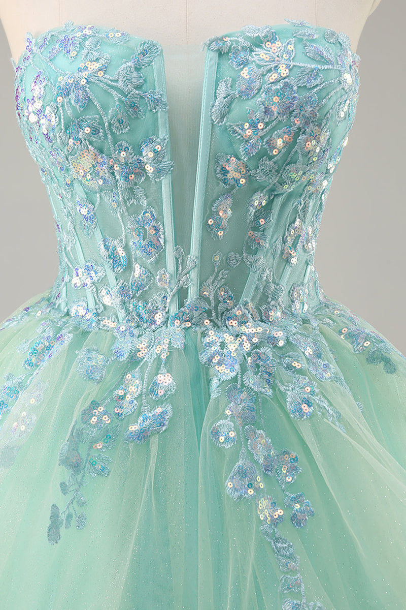 Load image into Gallery viewer, Sparkly Green Corset Strapless Long Prom Dress with Ruffles