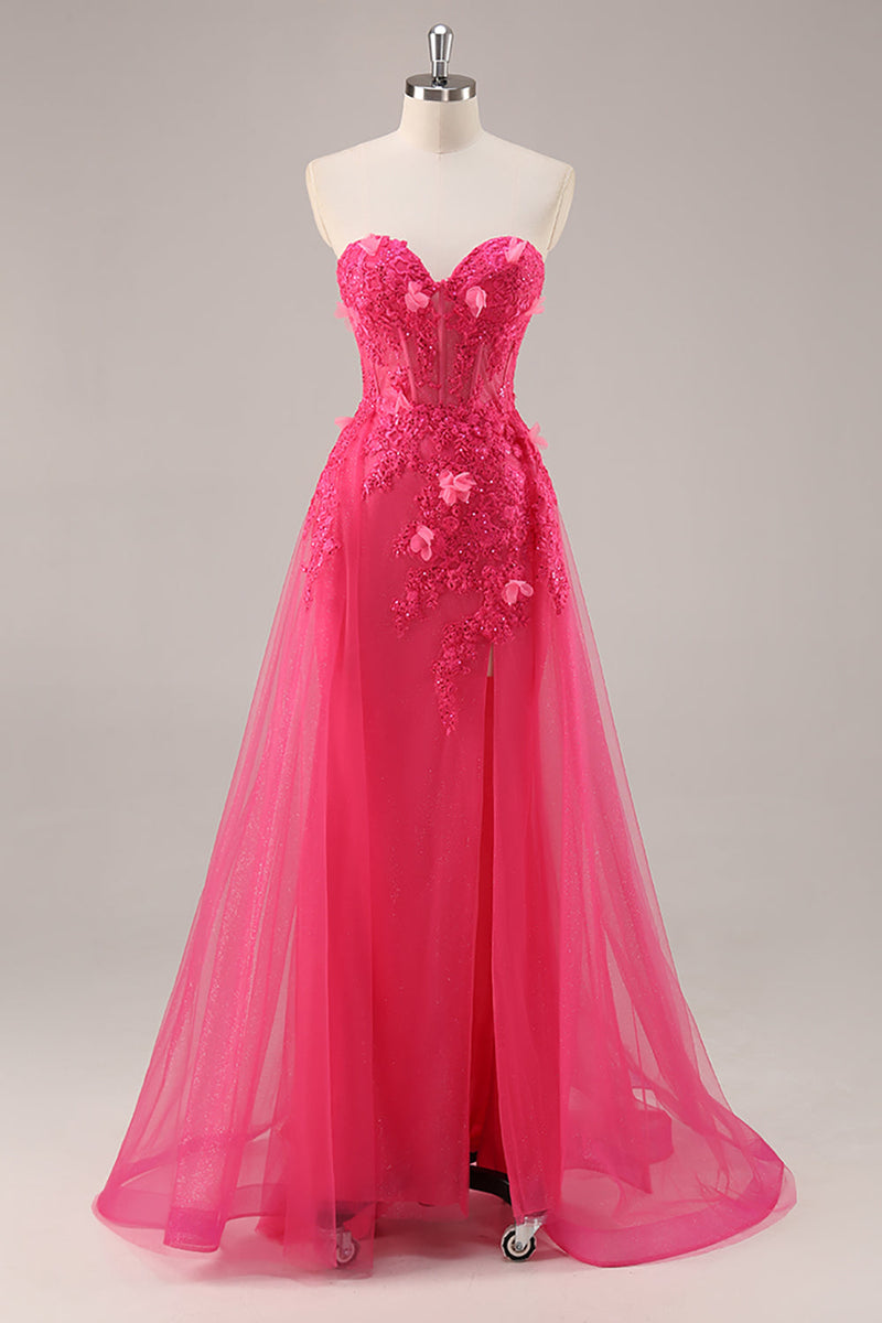 Load image into Gallery viewer, Fuchsia Floral Corset Sweetheart Tulle Long Prom Dress with Slit