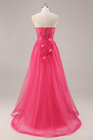 Load image into Gallery viewer, Fuchsia Floral Corset Sweetheart Tulle Long Prom Dress with Slit