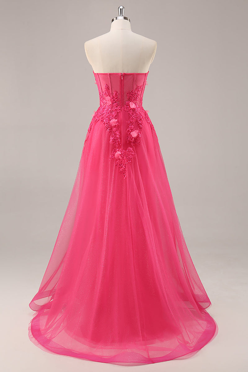 Load image into Gallery viewer, Fuchsia Floral Corset Sweetheart Tulle Long Prom Dress with Slit