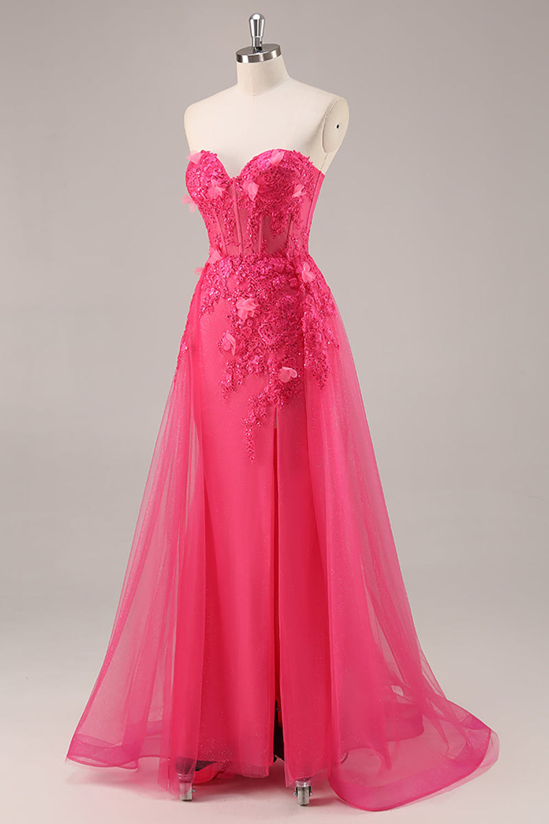 Load image into Gallery viewer, Fuchsia Floral Corset Sweetheart Tulle Long Prom Dress with Slit