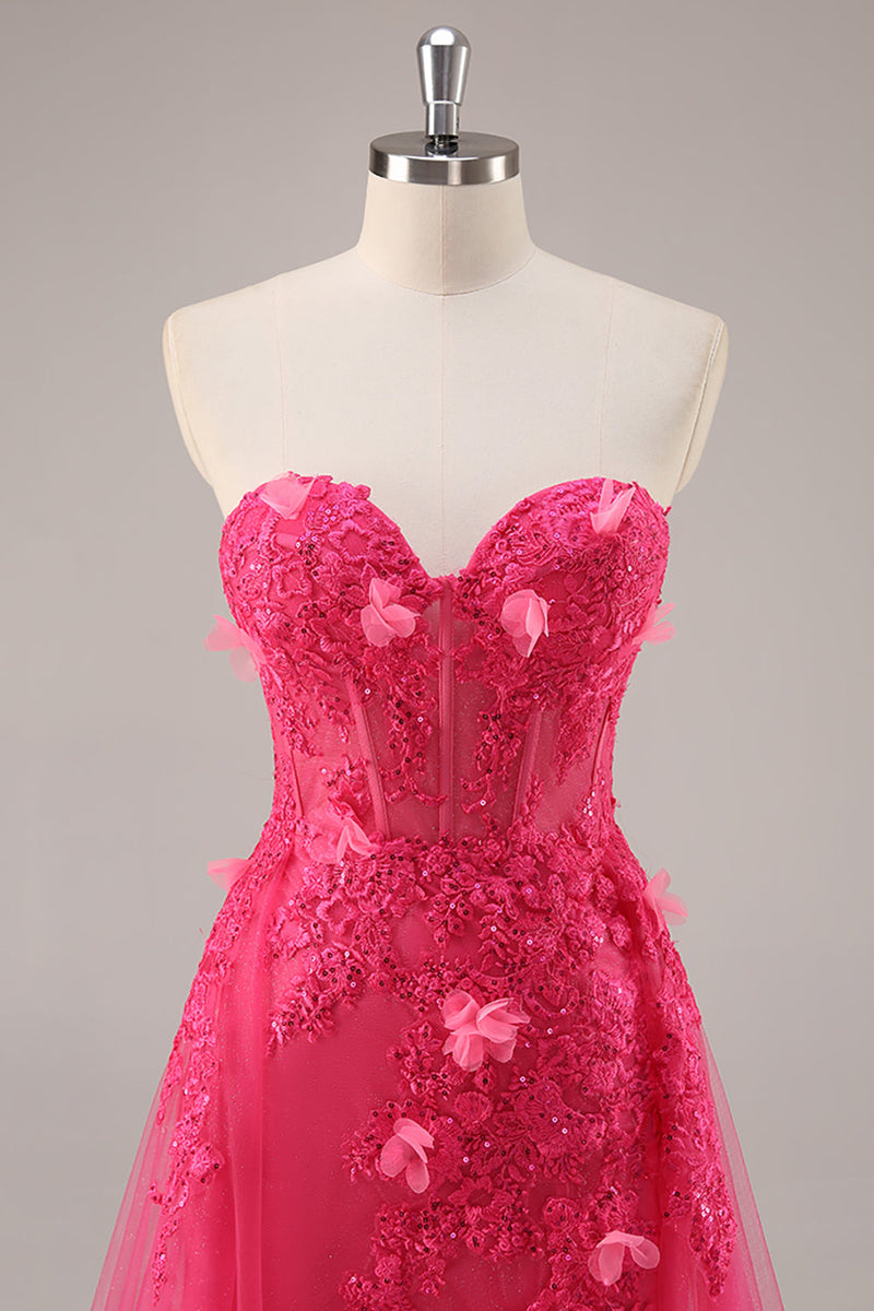Load image into Gallery viewer, Fuchsia Floral Corset Sweetheart Tulle Long Prom Dress with Slit