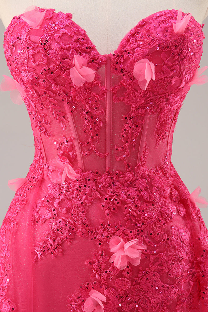 Load image into Gallery viewer, Fuchsia Floral Corset Sweetheart Tulle Long Prom Dress with Slit