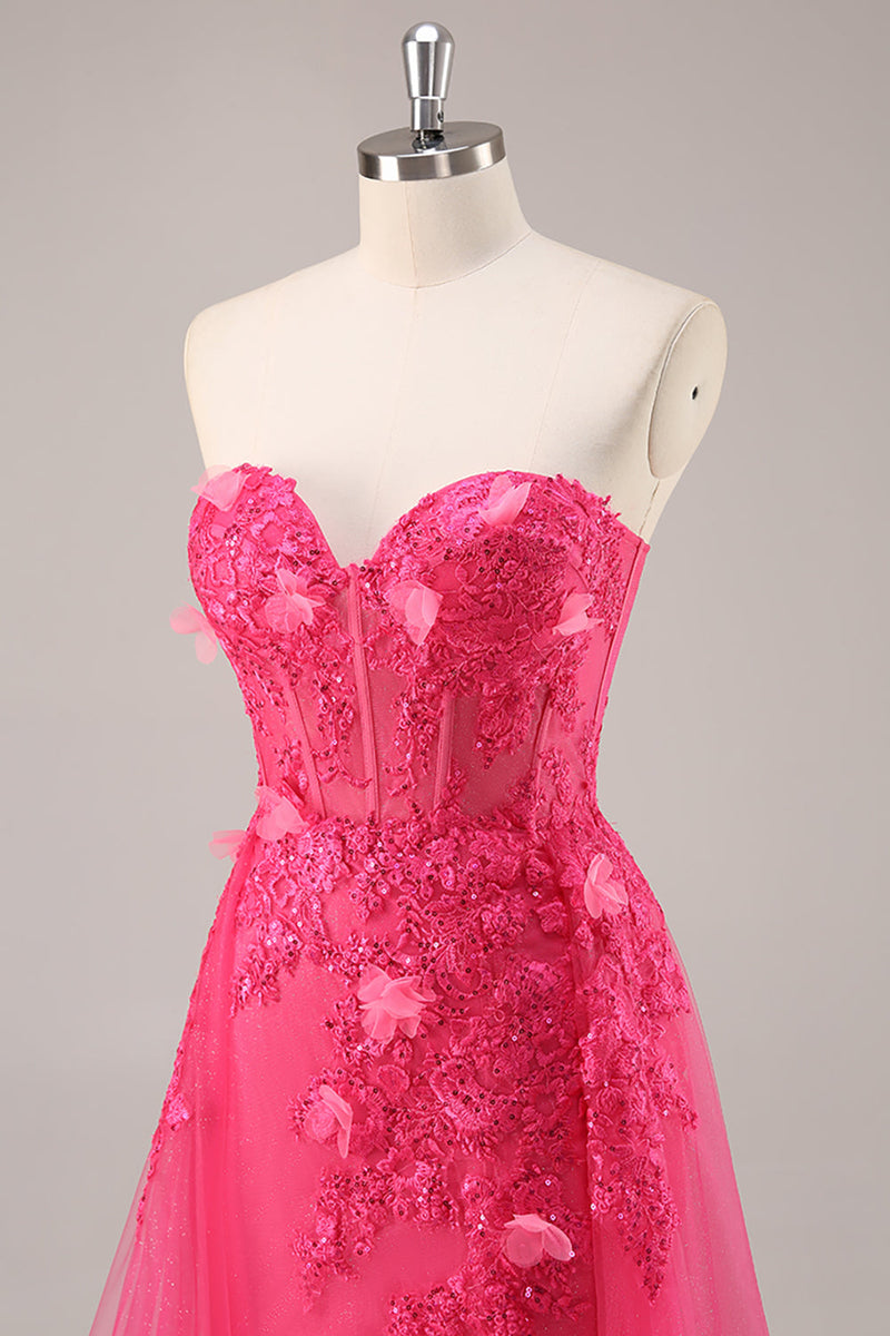 Load image into Gallery viewer, Fuchsia Floral Corset Sweetheart Tulle Long Prom Dress with Slit