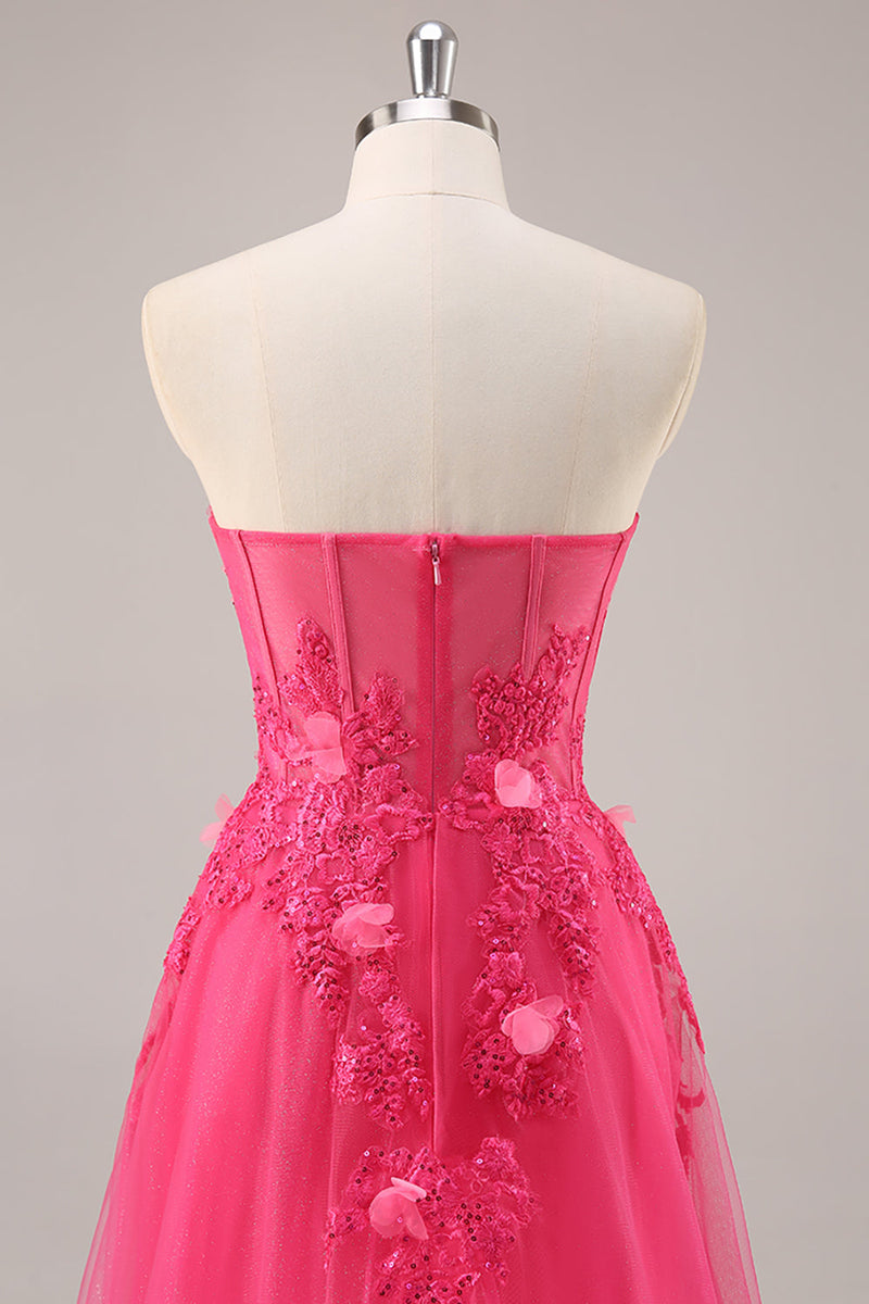 Load image into Gallery viewer, Fuchsia Floral Corset Sweetheart Tulle Long Prom Dress with Slit
