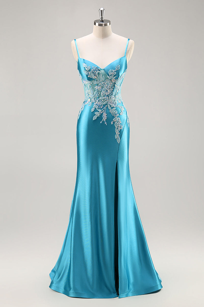 Load image into Gallery viewer, Blue Corset Appliqued Satin Mermaid Long Prom Dress with Slit
