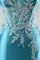 Load image into Gallery viewer, Blue Corset Appliqued Satin Mermaid Long Prom Dress with Slit
