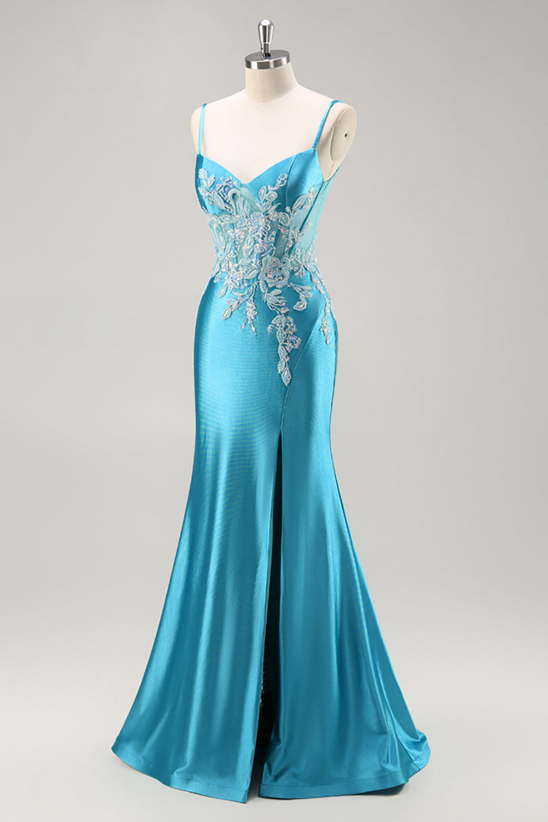 Load image into Gallery viewer, Blue Corset Appliqued Satin Mermaid Long Prom Dress with Slit