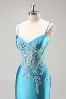 Load image into Gallery viewer, Blue Corset Appliqued Satin Mermaid Long Prom Dress with Slit