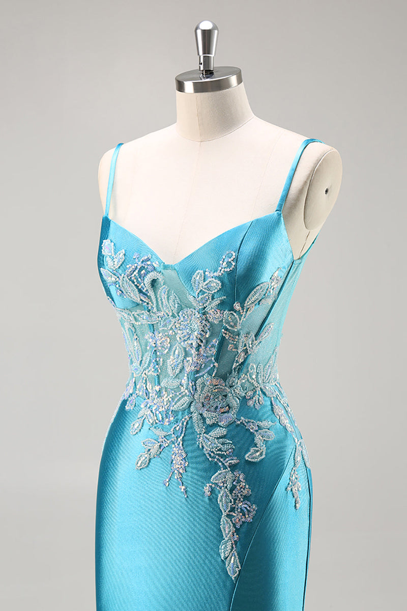 Load image into Gallery viewer, Blue Corset Appliqued Satin Mermaid Long Prom Dress with Slit