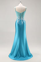 Load image into Gallery viewer, Blue Corset Appliqued Satin Mermaid Long Prom Dress with Slit