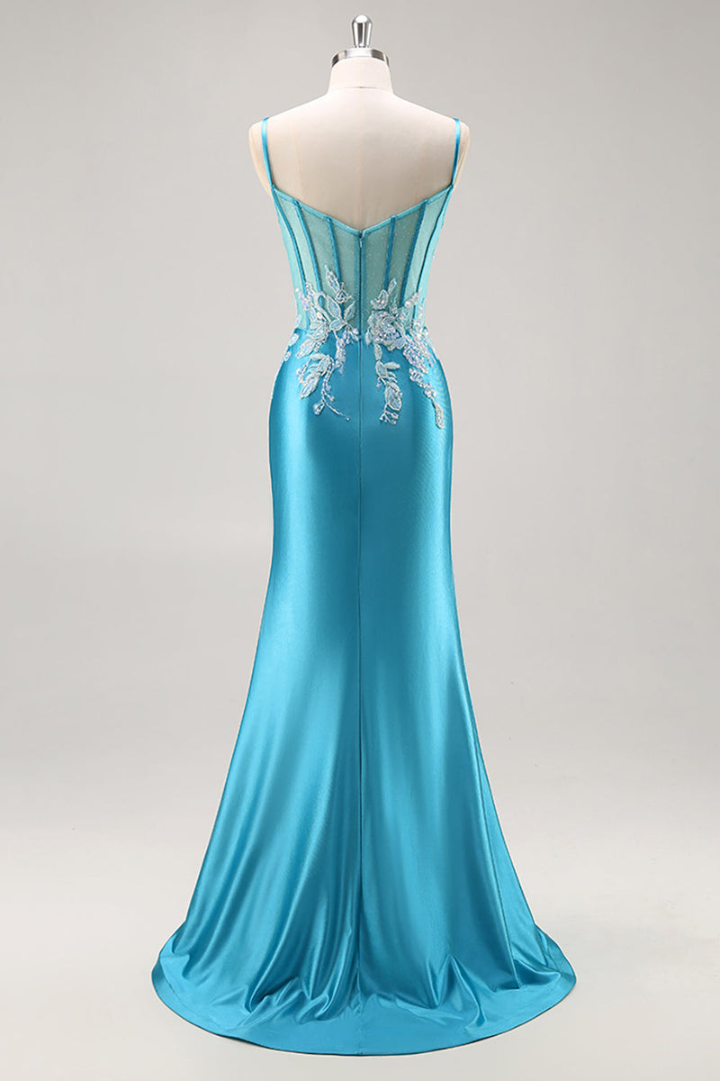 Load image into Gallery viewer, Blue Corset Appliqued Satin Mermaid Long Prom Dress with Slit