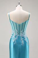 Load image into Gallery viewer, Blue Corset Appliqued Satin Mermaid Long Prom Dress with Slit